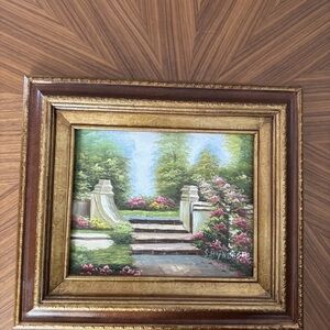 Original Oil Painting English Garden Steps Cottagecore Framed 15x13 Signed